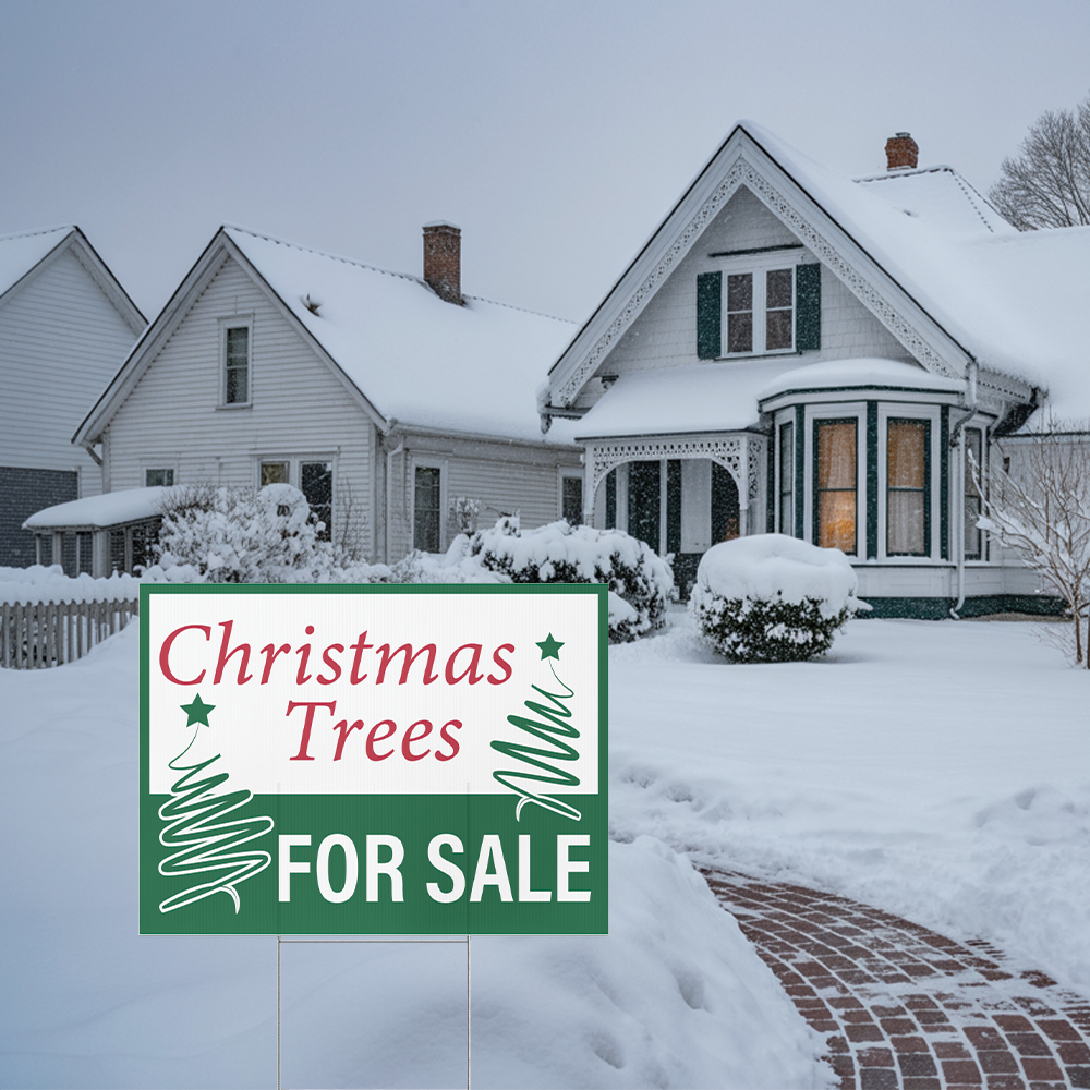 24 by 18 inch double-sided Christmas Trees for Sale yard sign with clear seasonal lettering