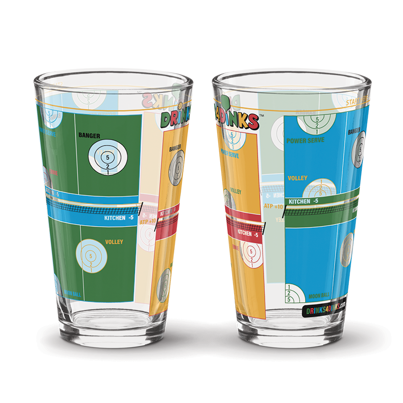 Drinks4Dinks pint glass printed with a pickleball drinking game design